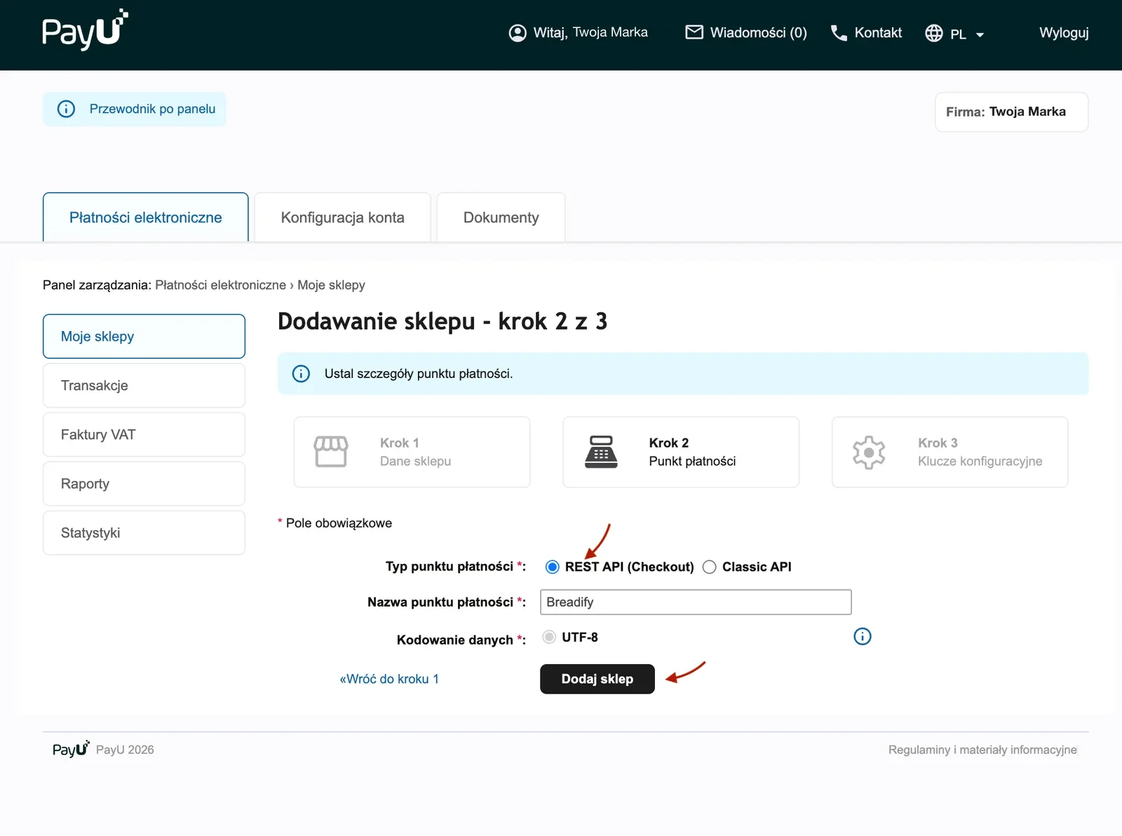 Drugi krok kreatora PayU z zaznaczoną opcją „REST API (Checkout)”