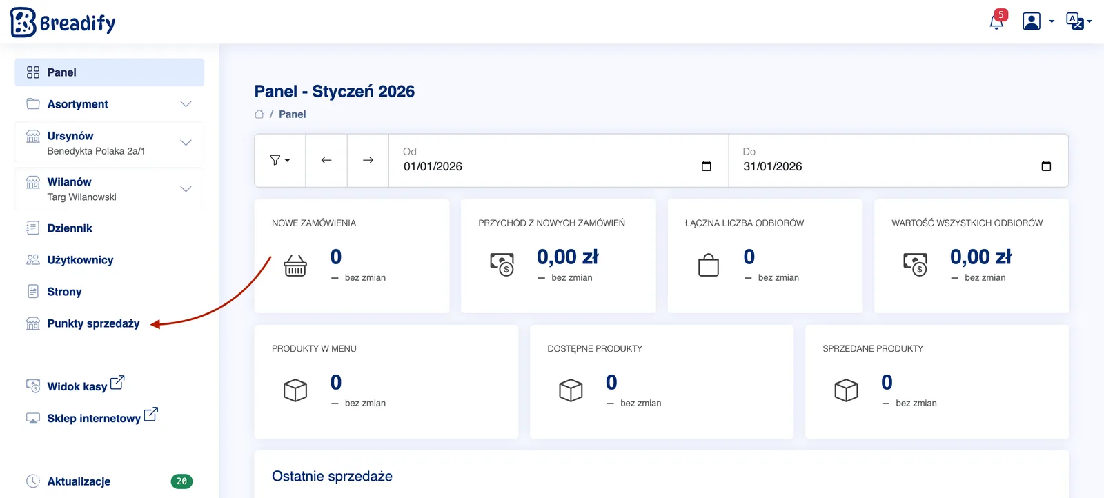 Panel administracyjny Breadify z zaznaczoną w menu sekcją „Punkty sprzedaży”