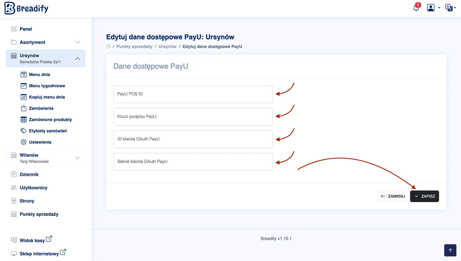 Formularz danych dostępowych PayU w Breadify z polami POS ID, klucz podpisu oraz ID i sekret klienta OAuth