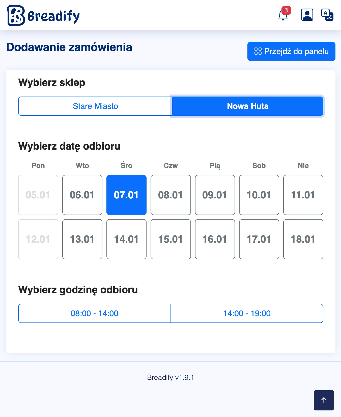 Widok mobilny panelu kasjera Breadify