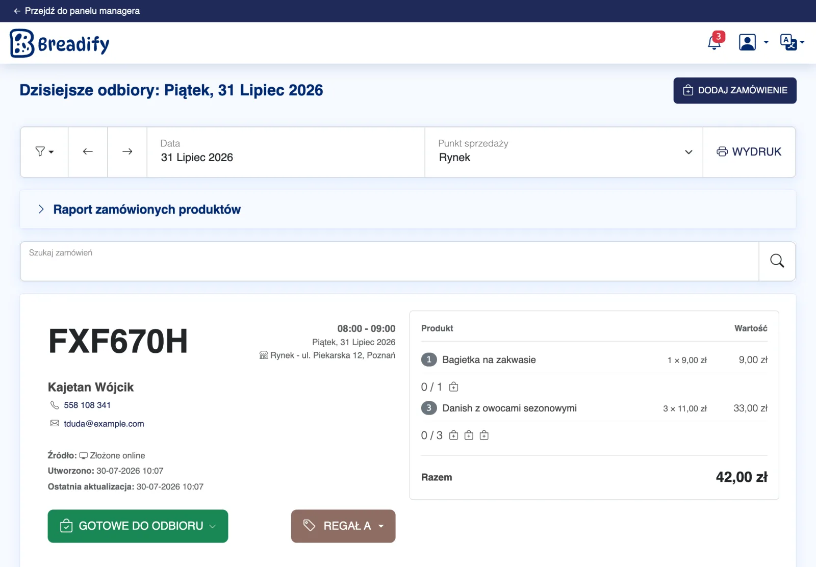 Panel kasjera Breadify — dzisiejsze odbiory z kartą zamówienia gotowego do odbioru