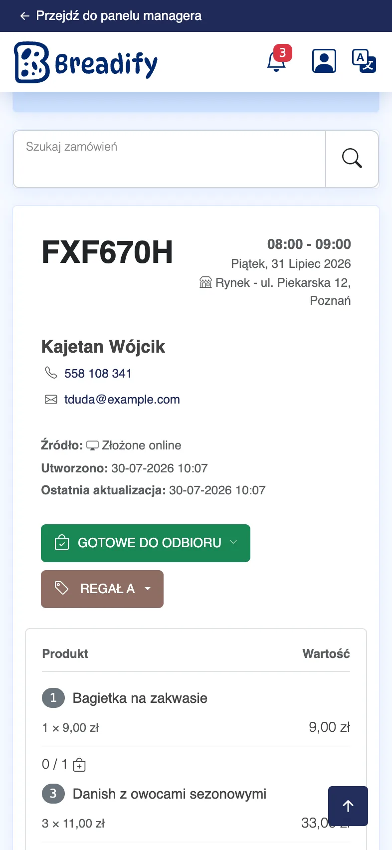 Widok mobilny panelu kasjera Breadify