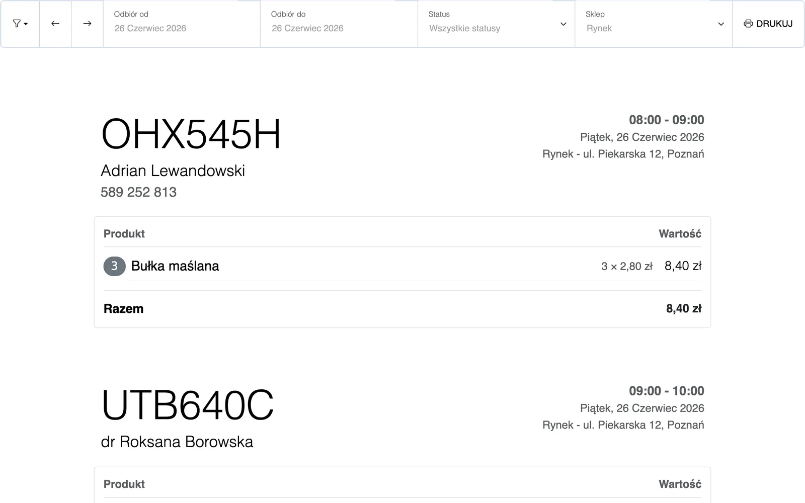 Wydruk kart zamówień w Breadify — kody, produkty i informacje o odbiorze na jednej stronie