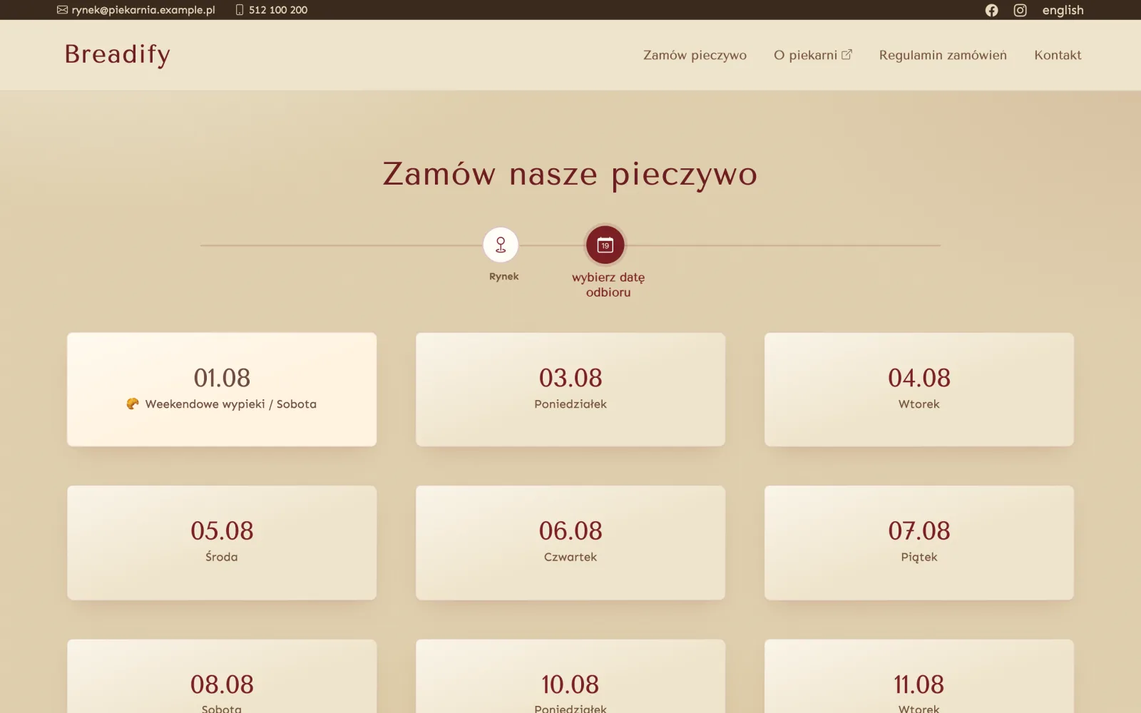 Sklep internetowy piekarni Breadify — wybór dnia odbioru w kalendarzu z wyróżnionymi dniami specjalnymi