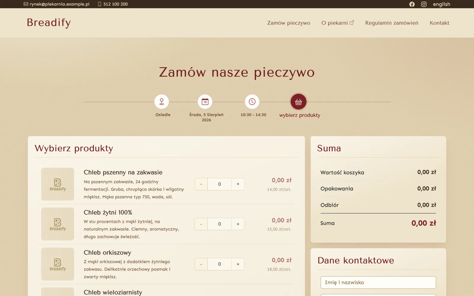 Sklep internetowy piekarni Breadify — składanie zamówienia z wyborem terminu odbioru i płatnością online