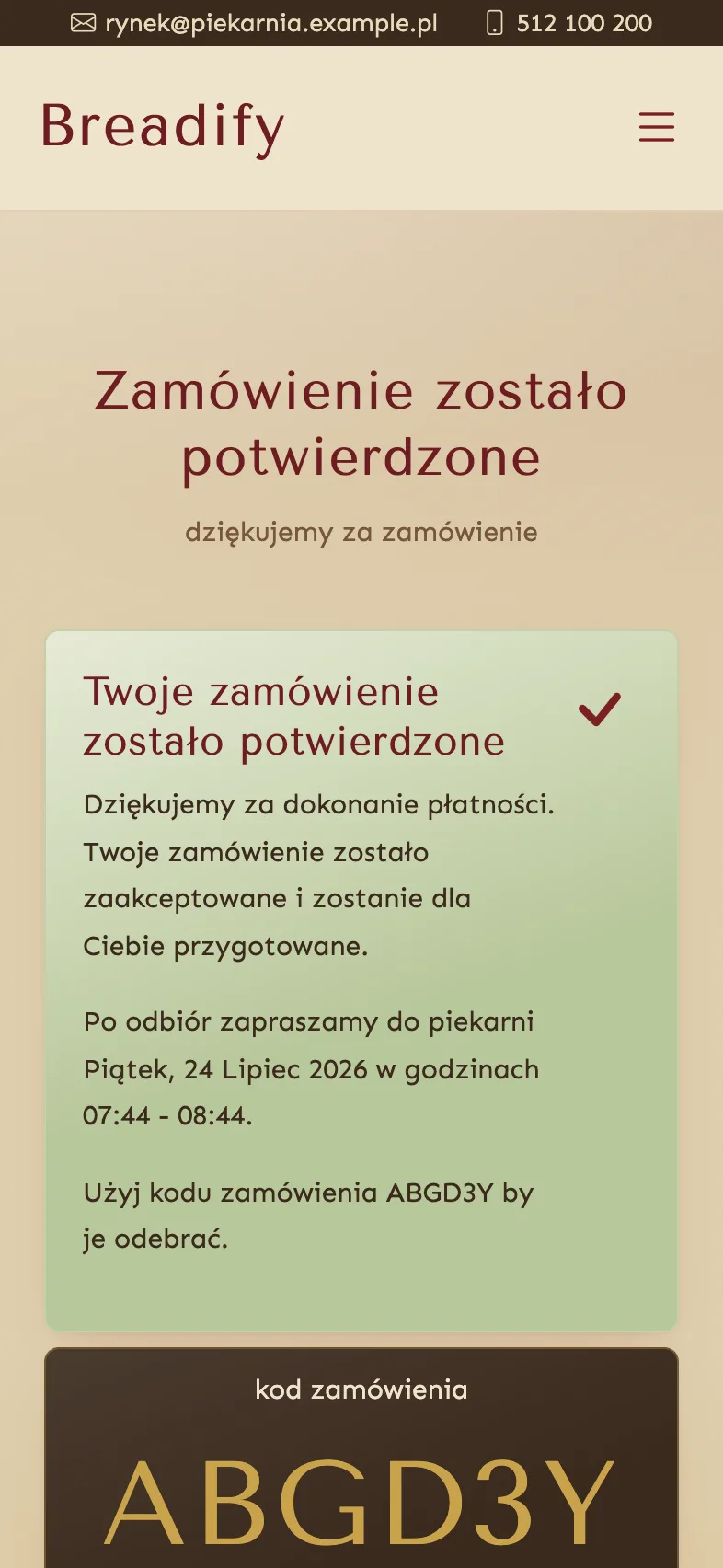 Potwierdzenie zamówienia w sklepie Breadify — duży kod odbioru na ekranie telefonu klienta