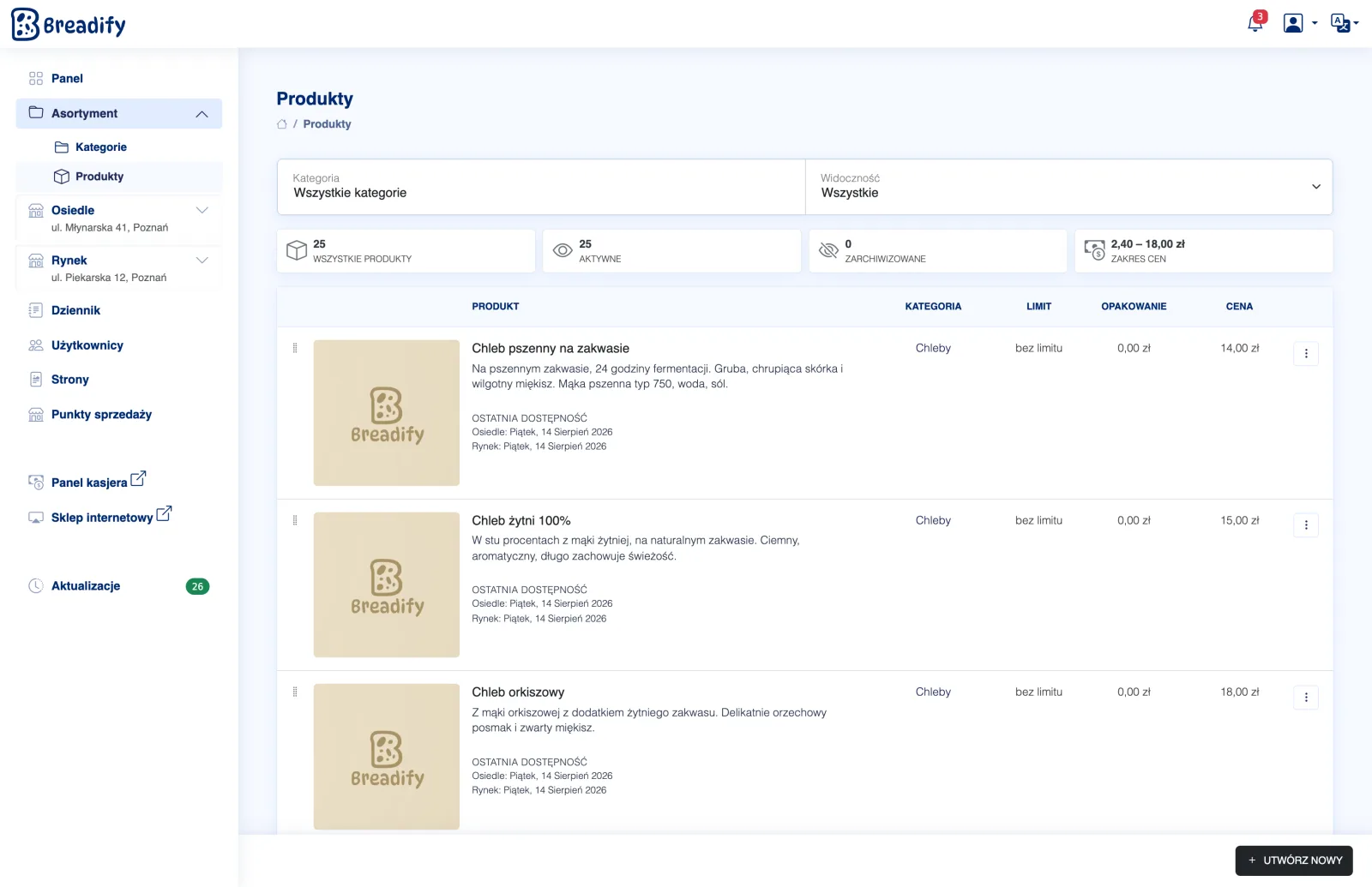 Lista produktów w panelu Breadify — kategorie, ceny, limity i opłaty za pakowanie